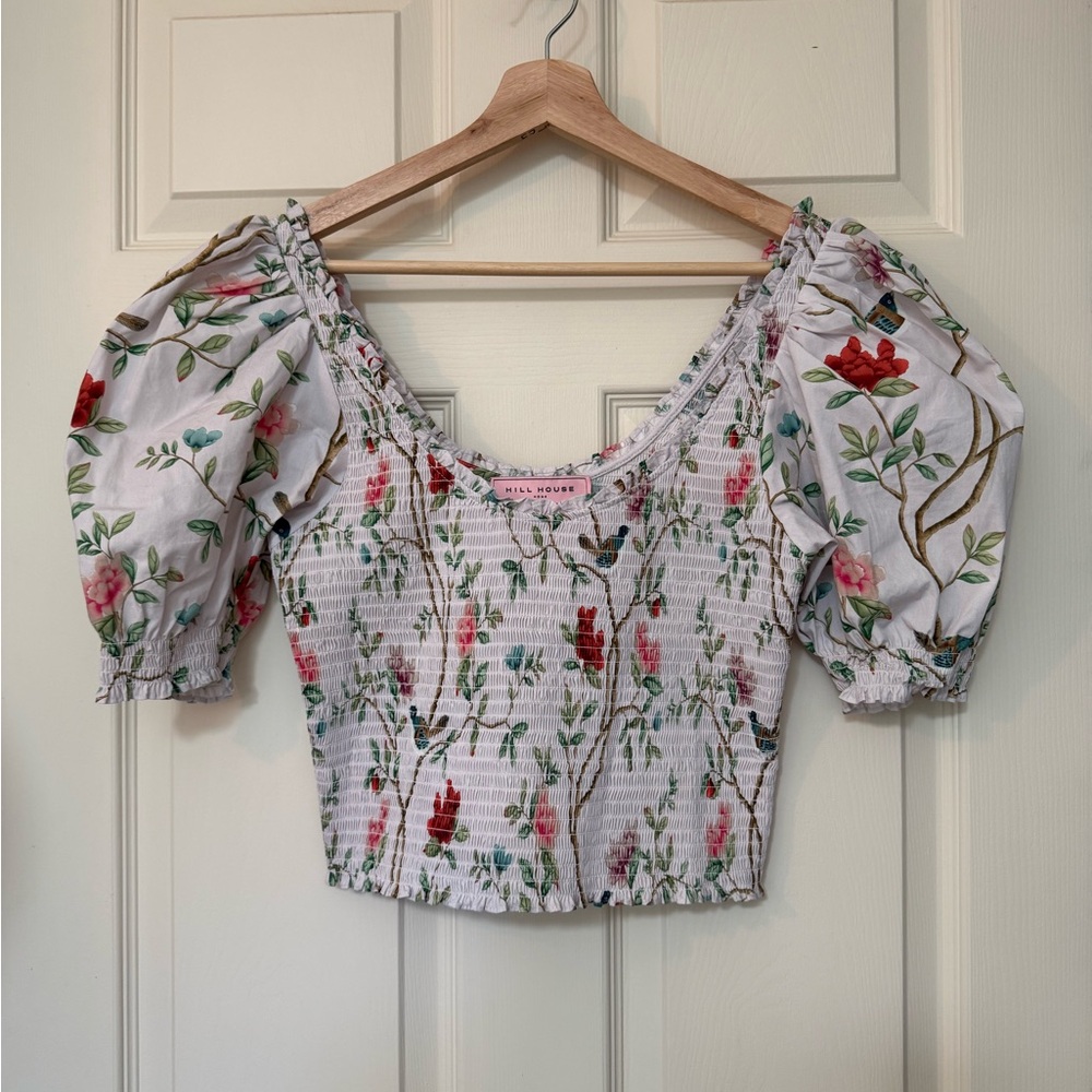 Hill House Home X Diane Hill Floral Puff-Sleeve Smocked Crop Top